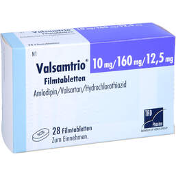 Abbildung: Valsamtrio 10 mg / 160 mg / 12,5 mg Filmtabletten 28 St, Filmtabletten PZN 15865266