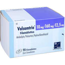 Abbildung: Valsamtrio 10 mg / 160 mg / 12,5 mg Filmtabletten 98 St, Filmtabletten PZN 15865272