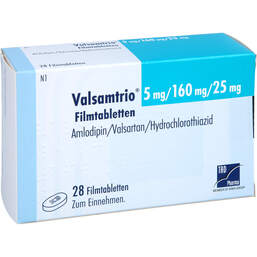Abbildung: Valsamtrio 5 mg / 160 mg / 25 mg Filmtabletten 28 St, Filmtabletten PZN 15865295