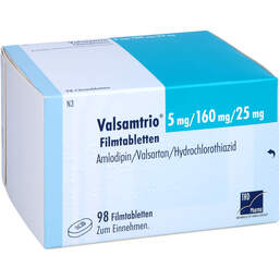 Abbildung: Valsamtrio 5 mg / 160 mg / 25 mg Filmtabletten 98 St, Filmtabletten PZN 15865303