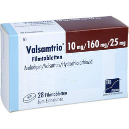 Abbildung: Valsamtrio 10 mg / 160 mg / 25 mg Filmtabletten 28 St, Filmtabletten PZN 15865332