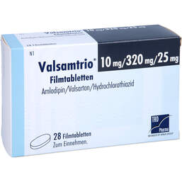 Abbildung: Valsamtrio 10 mg / 320 mg / 25 mg Filmtabletten 28 St, Filmtabletten PZN 15865361