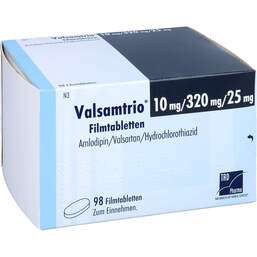 Abbildung: Valsamtrio 10 mg / 320 mg / 25 mg Filmtabletten 98 St, Filmtabletten PZN 15865378