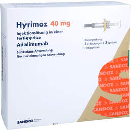 Abbildung: Hyrimoz 40 mg / 0,8 ml Injektionslösung in einer Fertigspritze 6 St, Injektionslösung PZN 15870132