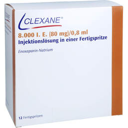 Abbildung: Clexane 8.000 I.E. 80mg / 0,8ml Ilo F.Sp. + Sich-System 12 St, Injektionslösung in einer Fertigspritze PZN 15882365