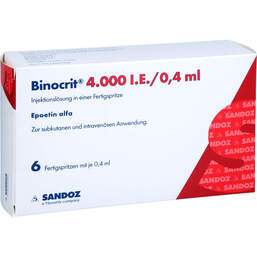Abbildung: Binocrit 4.000 I.E. / 0,4 ml Injektionslösung in einer Fertigspritze  6X0.4 ml, Fertigspritzen PZN 15895942