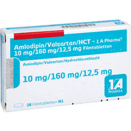 Abbildung: Amlodipin / Valsartan / HCT-1A pharmazeutisch 10mg / 160mg / 12,5mg 28 St, Filmtabletten PZN 16003236