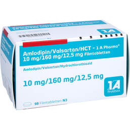 Abbildung: Amlodipin / Valsartan / HCT-1A pharmazeutisch 10mg / 160mg / 12,5mg 98 St, Filmtabletten PZN 16003242