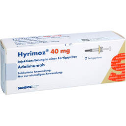 Abbildung: Hyrimoz 40 mg / 0,8 ml Injektionslösung in einer Fertigspritze 2 St, Injektionslösung PZN 16009948