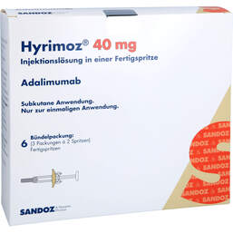 Abbildung: Hyrimoz 40 mg / 0,8 ml Injektionslösung in einer Fertigspritze 6 St, Injektionslösung PZN 16009954