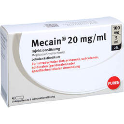 Abbildung: Mecain 2% 20 mg / ml Injektionslösung 100mg / 5ml Luer-Lock Ampulle 5X5 ml, Injektionslösung PZN 16018798