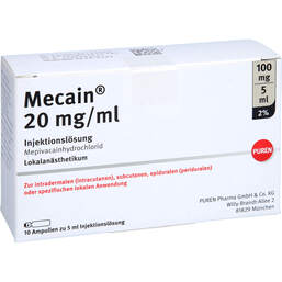 Abbildung: Mecain 2% 20 mg / ml Injektionslösung 100mg / 5ml Luer-Lock Ampulle 10X5 ml, Injektionslösung PZN 16018806
