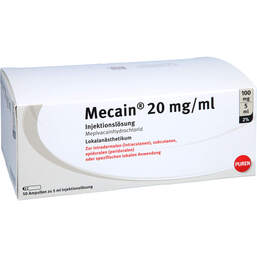 Abbildung: Mecain 2% 20 mg / ml Injektionslösung 100mg / 5ml Luer-Lock Ampulle 50X5 ml, Injektionslösung PZN 16018812
