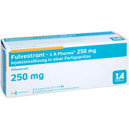 Abbildung: Fulvestrant-1A Pharma 250 mg / 5 ml Injektionslösung i.e.FS 2 St, Injektionslösung in einer Fertigspritze PZN 16020938