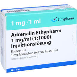 Abbildung: Adrenalin Ethypharm 1 mg / ml 1:1000 Injektionslösung  10X1 ml, Injektionslösung PZN 16033102