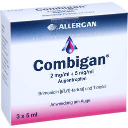 Abbildung: Combigan 2 mg / ml + 5 mg / ml Augentropfen 3X5 ml, Augentropfen PZN 16036951
