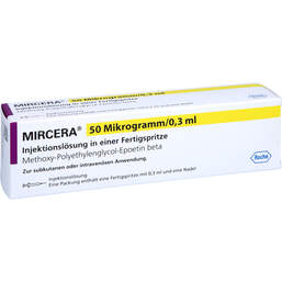 Abbildung: Mircera 50 Mikrogramm / 0,3 ml Injektionslösung i.e.Fert.-S. 1 St, Injektionslösung in einer Fertigspritze PZN 16037040