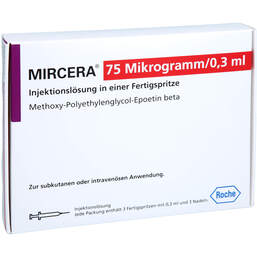 Abbildung: Mircera 75 Mikrogramm / 0,3 ml Injektionslösung i.e.Fert.-S. 3 St, Injektionslösung in einer Fertigspritze PZN 16037086