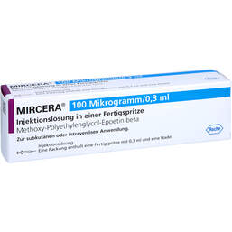 Abbildung: Mircera 100 Mikrogramm / 0,3 ml Injektionslösung i.e.Fert.-S 1 St, Injektionslösung in einer Fertigspritze PZN 16037092