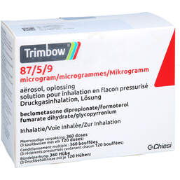 Abbildung: Trimbow 87 µg / 5 µg / 9 µg 120 Hub Druckgasinhalation 3 St, Dosieraerosol PZN 16086386