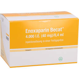 Abbildung: Enoxaparin Becat 4.000 I.E. 40mg / 0,4ml Injektionslösung FS 50 St, Injektionslösung in einer Fertigspritze PZN 16152887