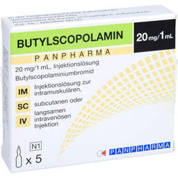 Abbildung: Butylscopolamin Panpharma 20 mg / 1 ml Injektionslösung 5X1 ml, Injektionslösung PZN 16199742