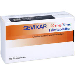 Abbildung: Sevikar 20 mg / 5 mg Filmtabletten 98 St, Filmtabletten PZN 16200505