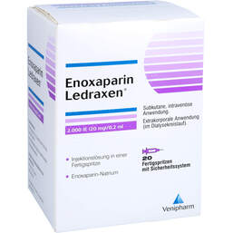 Abbildung: Enoxaparin Ledraxen 2.000 I.E. 20mg / 0,2ml F.Sp. 20 St, Injektionslösung in einer Fertigspritze PZN 16203076