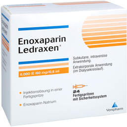 Abbildung: Enoxaparin Ledraxen 6.000 I.E. 60mg / 0,6ml F.Sp. 24 St, Injektionslösung in einer Fertigspritze PZN 16203188