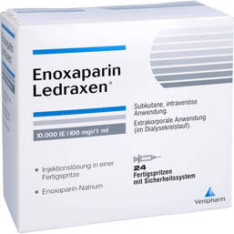 Abbildung: Enoxaparin Ledraxen 10.000 I.E. 100mg / 1ml F.Sp. 24 St, Injektionslösung in einer Fertigspritze PZN 16203248