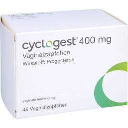 Abbildung: Cyclogest 400 mg Vaginalzäpfchen 45 St, Vaginalsuppositorien PZN 16203604