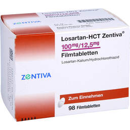 Abbildung: Losartan-HCT Zentiva 100 mg / 12,5 mg Filmtabletten 98 St, Filmtabletten PZN 16222547