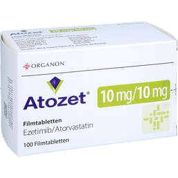 Abbildung: Atozet 10 mg / 10 mg Filmtabletten 100 St, Filmtabletten PZN 16227786