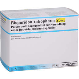 Abbildung: Risperidon-ratiopharm 25mg Pulver + LM H.depuratus Injektionss. 5 St, Pulver und Lösungsmittel zur Herstellung einer Depot-Injektionssuspension PZN 16232994