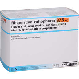 Abbildung: Risperidon-ratiopharm 37,5mg Pulver + LM H.depuratus Injektionss. 5 St, Pulver und Lösungsmittel zur Herstellung einer Depot-Injektionssuspension PZN 16233019