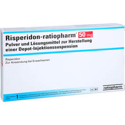 Abbildung: Risperidon-ratiopharm 50mg Pulver + LM H.depuratus Injektionss. 1 St, Pulver und Lösungsmittel zur Herstellung einer Depot-Injektionssuspension PZN 16233025