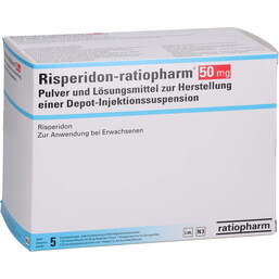 Abbildung: Risperidon-ratiopharm 50mg Pulver + LM H.depuratus Injektionss. 5 St, Pulver und Lösungsmittel zur Herstellung einer Depot-Injektionssuspension PZN 16233031