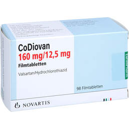 Abbildung: Codiovan 160 mg / 12,5 mg Filmtabletten 98 St, Filmtabletten PZN 16234094