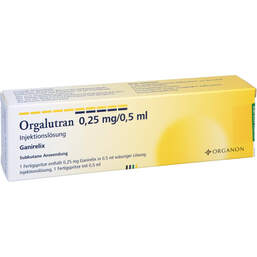 Abbildung: Orgalutran 0,25 mg / 0,5 ml Injektionslösung in einer Fertigspritze  1X1 St, Injektionslösung PZN 16234119
