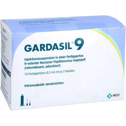 Abbildung: Gardasil 9 Injektionssuspension in einer Fertigspritze 10 St, Fertigspritzen PZN 16353953