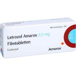 Abbildung: Letrozol Amarox 2,5 mg Filmtabletten 30 St, Filmtabletten PZN 16369500