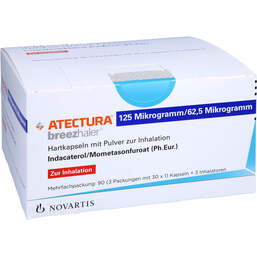 Abbildung: Atectura Breezhaler 125µg / 62,5µg Hkp.mit Pulver zur Inh. 3X30 St, Hartkapseln mit Pulver zur Inhalation PZN 16385025