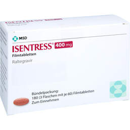 Abbildung: Isentress 400 mg Filmtabletten 180 St, Filmtabletten PZN 16395762