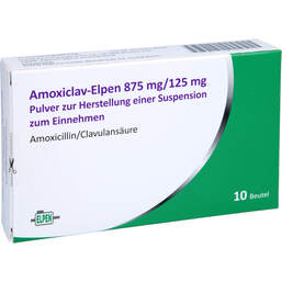 Abbildung: Amoxiclav-Elpen 875 mg / 125 mg P.H.Suspension zum Einnehmen  10 St, Pulver zur Herstellung einer Suspension zum Einnehmen PZN 16398074