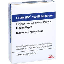 Abbildung: Lyumjev 100 E / ml Injektionslösung i.e.Patrone 3 ml 5X3 ml, Injektionslösung PZN 16508427