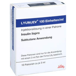 Abbildung: Lyumjev 100 E / ml Injektionslösung i.e.Patrone 3 ml 10X3 ml, Injektionslösung PZN 16508433