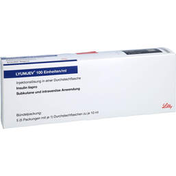 Abbildung: Lyumjev 100 E / ml Injektionslösung i.e.Dsflasche 10 ml 5X10 ml, Durchstechflaschen PZN 16508462
