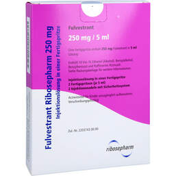 Abbildung: Fulvestrant Ribosepharm 250 mg / 5 ml Injektionslösung i.e.FS. 2 St, Injektionslösung in einer Fertigspritze PZN 16509237