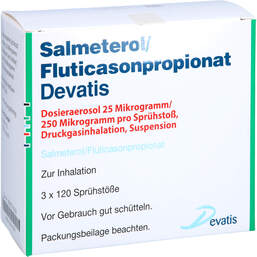 Abbildung: Salmeterol / Fluticasonpropionat Devatis 25µg / 250µg 3 St, Dosieraerosol PZN 16517099