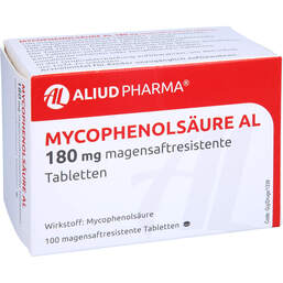 Abbildung: Mycophenolsäure AL 180 mg magensaftresistent Tabletten 100 St, Tabletten magensaftresistent PZN 16528571